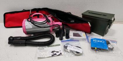 (1) Shelandy Pet Hair Force Dryer W/ Attachments (1) Milwaukee Telescoping Laser Pole Case (1) Metal Ammunition Box And More