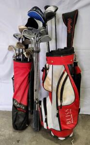 (1) La Jolla Junior Golf Stand Bag (1) Square Two Bliss Golf Cart Bag (22) Assorted Golf Clubs