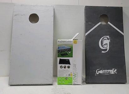 (2) Cornhole Boards (1) Flow Clear Sun Powered Pool Heater