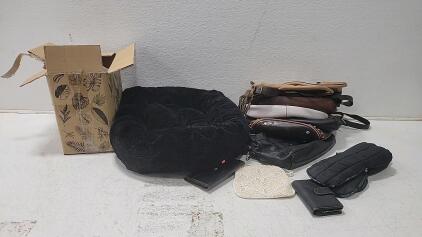 (7) Women's Purses (1) Dog Bed (1) Box of King Alfred's Cakes