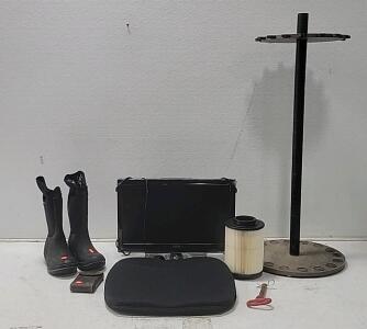 (1) Small LCD TV/Monitor (1) 1930s Kodak Camera (1) 16 Pole Fishing Pole Holder (1) Polaris Ranger Air Filter.