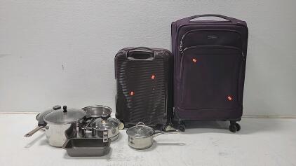 (5) Pots With Lids (2) Suitcases