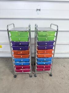 (2) Colored 10-Drawer Rolling Metal & Plastic Drawer Organizers- 13&rdquo;x15.5&rdquo;x38&rdquo;