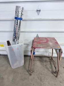 (1) Foldable Rolling Table & Plastic Bin With Assorted Tools & Hardware