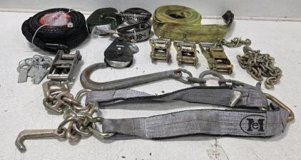 (1) *Like New* Synthetic Winch Rope & Assorted Ratchet Handles, Tie Down Straps, Tire Skates & Tow Hooks