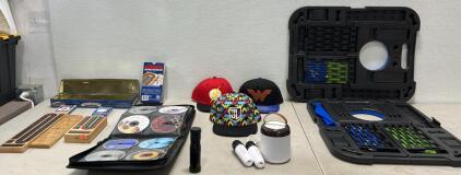 (2)Cribbage boards with playing cards,Bag With (128) Various Artists CDS ,(3) Justice League Caps,(1) Aisuo <br/>Kids Karaoke Machine, Portable Bluetooth Speaker with 2 Wireless Microphones, Dynamic Lights Karaoke Machine for Kids, Birthday Party Home, Ou