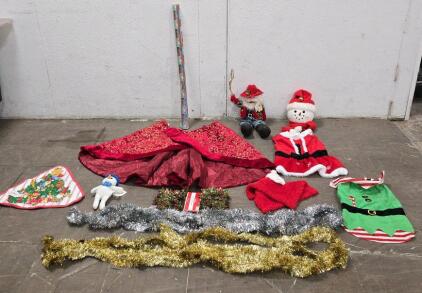 Red Velvet Tree Skirt, Caroling Cowboy Santa" animatronic Christmas,vintage collectible placemat featuring characters resembling David the Gnome and other gnomes, Holiday Time Tinsel Garland<br/>Colors: Red and Green mix<br/>Length: 15 feet (4.6 meters ) 