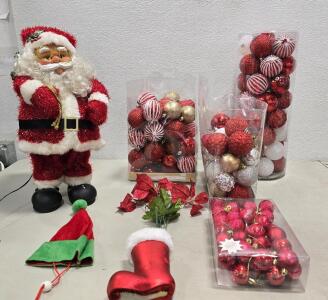 Vintage Holiday Lites Animated Musical Santa Claus,(3)Holiday Time shatterproof Christmas ornaments,Red and Green Elf Hat ,Red, glittery Santa boot Christmas ornament.(PLEASE READ DESCRIPTION)