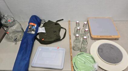 (1)Military Shoulder Bag,(1)Clear glass beverage dispenser with a metal spigot(1)Crestware SPC913,(6)<br/>Dash of That Swing Top Clear Glass Bottle,New Bamboo Foldable Sofa Stray 35"X 38X5.5CM(1) Chicken Shredded,(1)Ozark Trail Blue Folding Chair