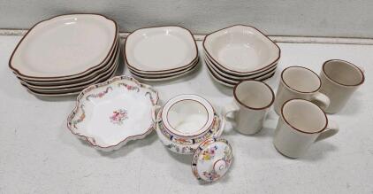 (1) Vintage Minton Rose Patterned Lidded Sugar Bowl China (1) Vintage Minton Dryden Patterned China Scalloped Serving Bowl (16) Assorted Vintage Syracuse China Restaurant Ware
