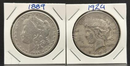 1924 Peace Dollar & 1889 Morgan Dollar Coins, 90% Silver, US Mint