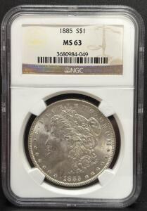 1885 Morgan Silver Dollar Coin, MS 63, NGC Graded, Philadelphia Mint, Serial 3680984-049
