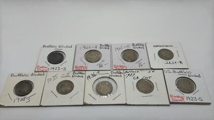 (9) Buffalo Nickels Dated Between 1918-1937