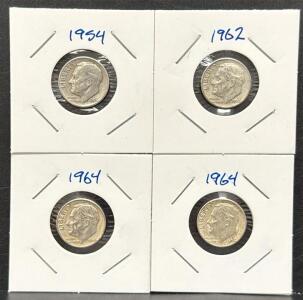 1954, 1962, 1964 U.S. Roosevelt Dimes, Silver Coins, Set of 4