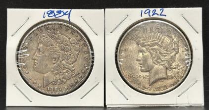 1884 Morgan and 1922 Peace Silver Dollars, U.S. Mint, $1 Denomination