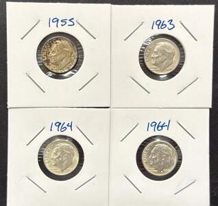 1955, 1961, 1963, 1964 Roosevelt Dimes, US Mint, 90% Silver Composition