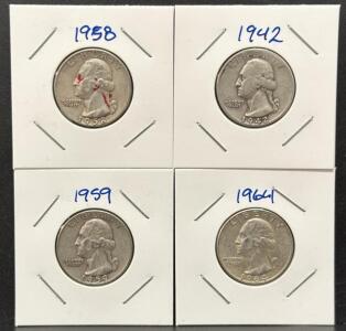 Washington Quarters Set, 1942, 1958, 1959, 1964, 90% Silver