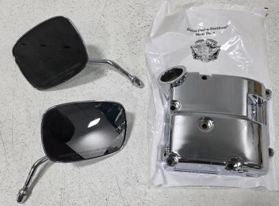 (1) Harley-Davidson Chrome Transmission Top Cover part# 34471-98B, unpacked but appears unused (1) Pair of Genuine Harley-Davidson Motorcycle Side Mirrors