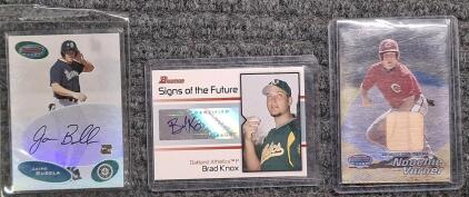 (2) Autographed Baseball Trading Cards & (1) Game Used Bat Piece Trading Card