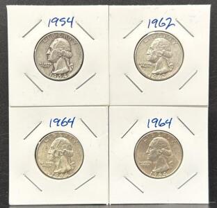 1954, 1962, 1964 Washington Quarters, 90% Silver, Lot of 4 Coins