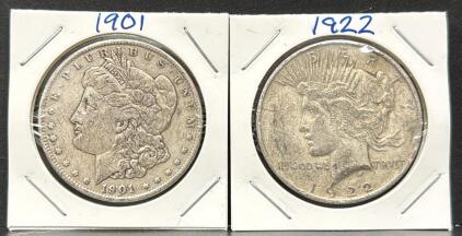 1901 Morgan Dollar & 1922 Peace Dollar, US Silver Coins