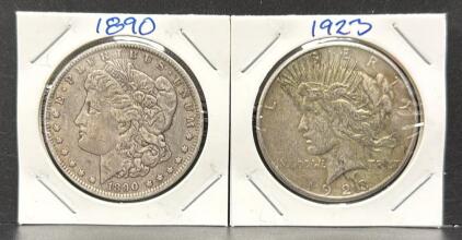 1890 Morgan Dollar and 1923 Peace Dollar, U.S. Coin Collectibles