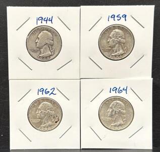 1944, 1959, 1962, 1964 Washington Quarters, Silver Coins Set