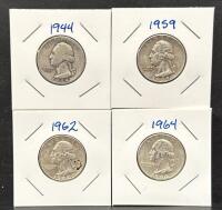 1944, 1959, 1962, 1964 Washington Quarters, Silver Coins Set