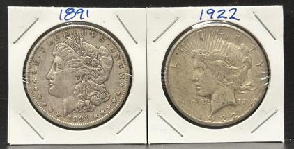 1922 Peace Dollar & 1891 Morgan Dollar, U.S. Mint, 90% Silver