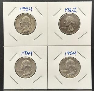 Silver Washington Quarters, 1954/1962/1964, 90% Silver, John Flanagan Design