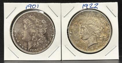 1901 Morgan Dollar & 1922 Peace Dollar, U.S. Coins, 90% Silver