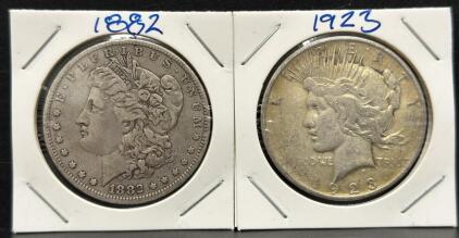 1882 Morgan Dollar & 1923 Peace Dollar, U.S. One Dollar Coins, Silver