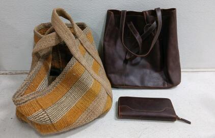 (1) Montana Hudson Savannah Genuine Leather Tote (1) Montana Hudson Eva Genuine Leather Wallet (1) Woven Blanket Tote Bag