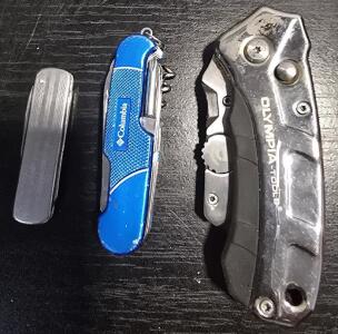 (1) Retro pocket knife - stainless steel , (1)Turbofold Stainless Steel Utility Knife, (1) Blue multi-tool pocket knife, similar in design to a classic Swiss Army knife, featuring the "Columbia" brand logo on the side.