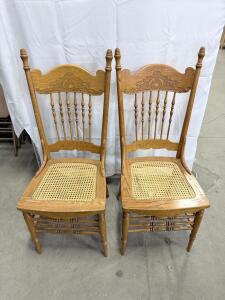 (2) Antique Oak Spindle-Back Chairs With A Cane Seat And A Pressed Carved Backrest