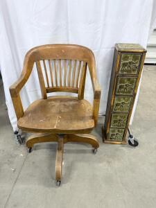 (1) Wooden Rolling Chair & (1) Metal 5 Drawer Elephant Themed Organizer