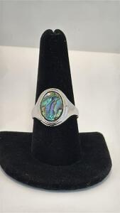 Abalone Shell Set Into a Silver Toned Ring Size 10