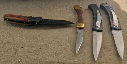 (1) Elk Ridge folding pocket knife with a pakkawood handle. The handle is engraved with the name "Violet" and the Roman numerals "XI XXV XVII" (November 25, 2017),(1)BUCK 110 C Lockback PocketKnife Brass & Wood Handle,(2) Folding Knives From China.Locate