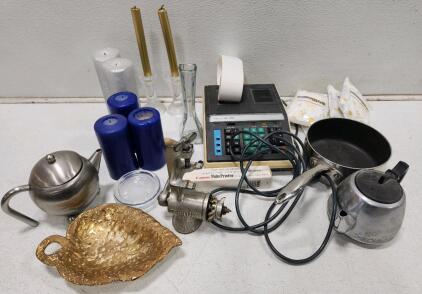 (1) Unisonic XL-121 Vintage Printing Calculator (1) Vintage Weeping Bright Gold Leaf-Shaped Candy Dish (4) Vacplus Hanging Bag Moisture Absorber And More