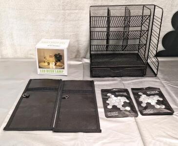 (1) LED Table / Desk Lamp, (1) Organizer Tray, (1) 2-Pack Of Phone / Key Fob Faraday Bags & (2) Wireless Charger Magnetic Pads