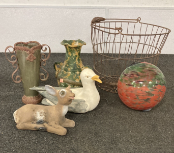 Deer & Duck Statue, Wire Basket, & More