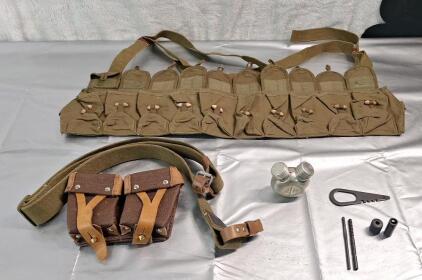 (1) Mosin Nagant Leather Ammo Double Pouch, (1) Mosin Nagant 2 Spout Oil / Cleaner Bottle, (1) Mosin Nagant Cleaning Tool Kit W/O Brush & (1) Type 56 SKS 10-Pocket Carbine Ammo Pouch