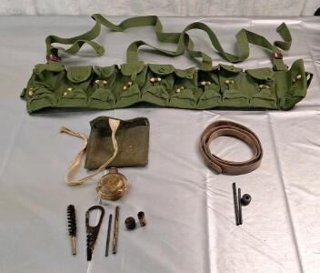 (1) Mosin Nagant 1 Spout Oil / Cleaner Bottle, (1) Mosin Nagant Cleaning Tool Kit W/ Brush , (1) Partial CleaningKit & (1) Type 56 SKS 10-Pocket Carbine Ammo Pouch