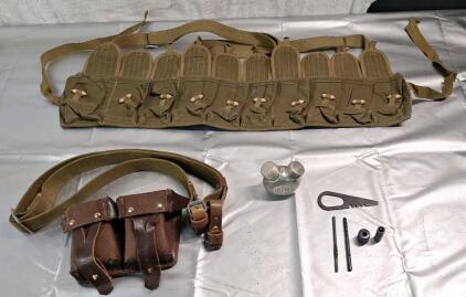 (1) Mosin Nagant Leather Ammo Double Pouch, (1) Mosin Nagant 2 Spout Oil / Cleaner Bottle, (1) Mosin Nagant Cleaning Tool Kit W/O Brush & (1) Type 56 SKS 10-Pocket Carbine Ammo Pouch