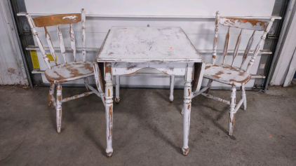 (1) 42"x 30"x 30" Chippy White Wooden Drop-Leaf Table & (2) Matching Chairs