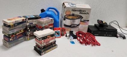 (1) Hamilton Beach Programmable Slow Cooker (1) Black Curved-Top Computer Desk (1) 5 Gallon Kerosene Jug And More