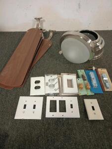 5 Blade Polished Silver Ceiling Fan, Various Ceiling Fan Mounting Kits And Fan Pulls, Various White Electrical Plates