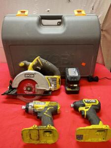 Ryobi 18V ONE+ 5-1/2 in. Cordless Circular Saw, Model P503, [2] Ryobi ONE+ HP 18V Brushless Cordless 1/4 in. Impact Driver. 4AH 18V Battery & Charger With A Large Ryobi Carrying Case