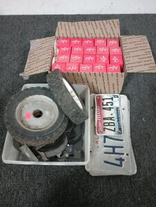 80 count of small glass files with child proof lids, various caster wheels and assorted license plates.