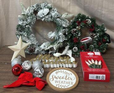 (2) Wreaths, (300) Christmas Lights, Ornaments, & More Christmas Decor